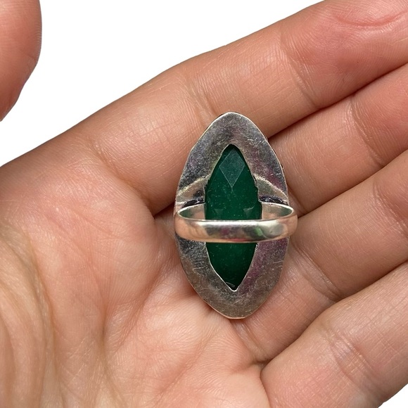 Emerald Ring Size 6 Natural Stone 925 Sterling Silver Overlay Green Chunky - Picture 7 of 8